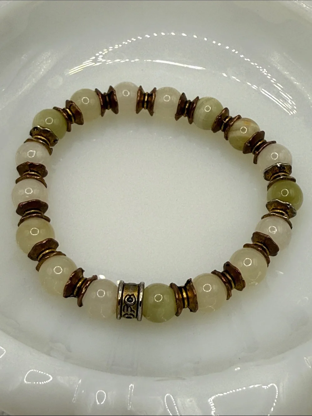 CFC signed Green and Cream Beaded Stretch gemstone bracelet neutral green beige